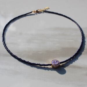 Lavender and Navy Smiley Face Seed Bead Necklace, Lobster Clasp, 1 Inch Extender
